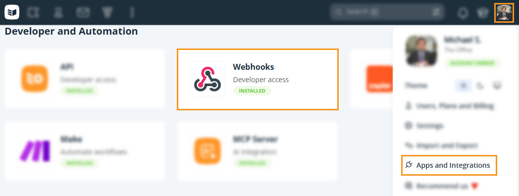 Apps and Integration page l Webhooks