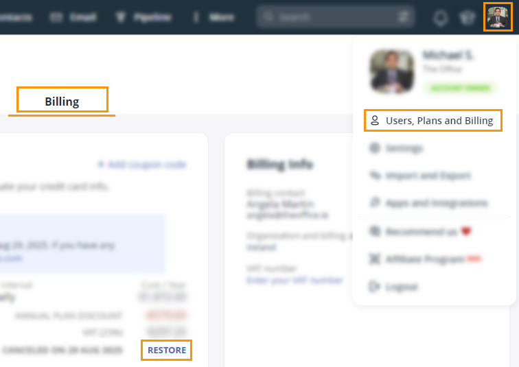Users, Plans and Billing | Billing | Restore
