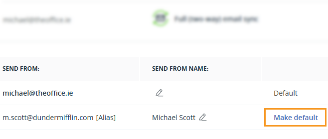 Email configuration page | Email alias make default