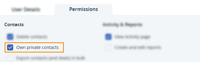 Users, Plans and Billing | User profile | Permissions | Own private contacts