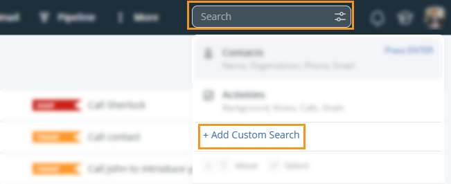 OnePageCRM | Search box | + Add Custom Search