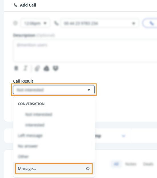 Contact profile | Call note | Call result | Manage
