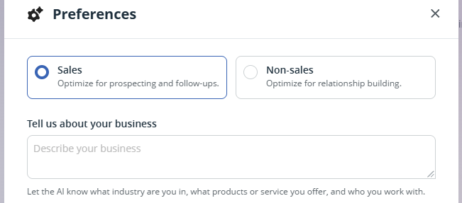 TL;DR | Preferences | Sale/Non-sales and Describe business