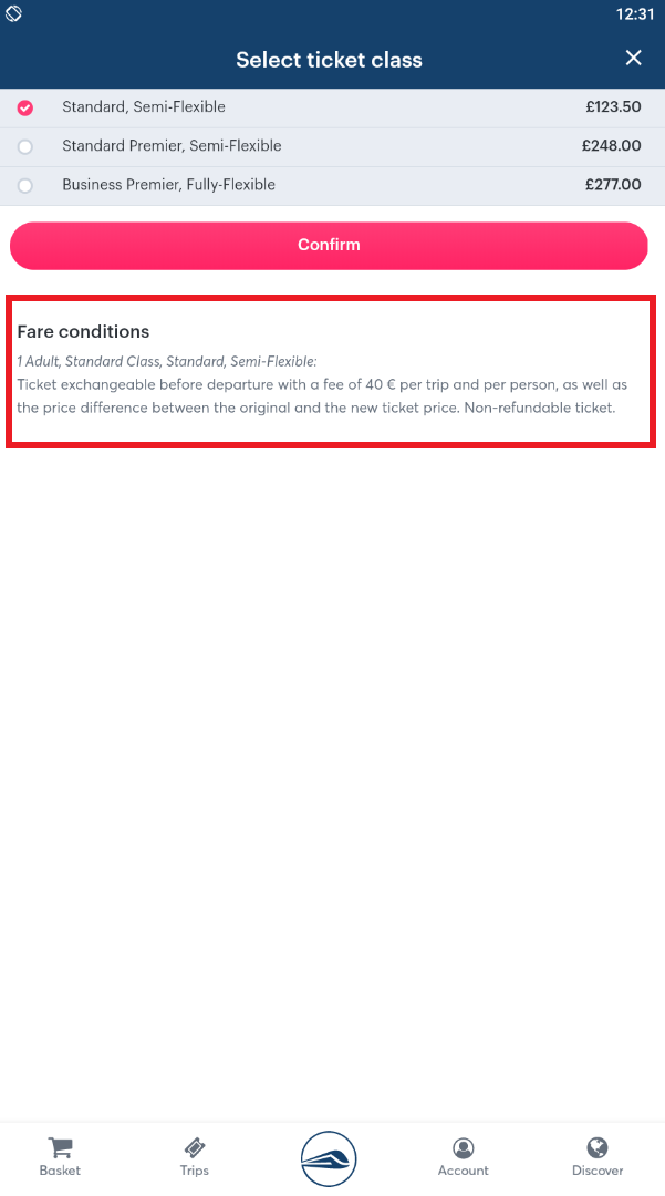 Screenshot of fare conditions on the basket page