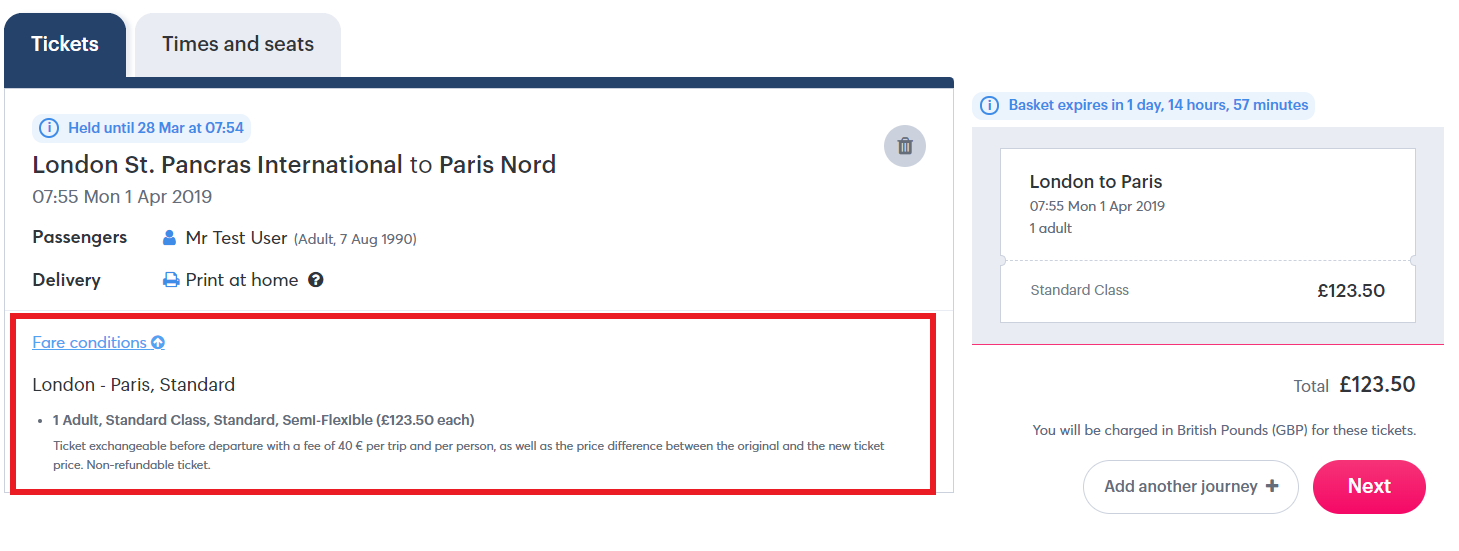 Screenshot of fare conditions on the basket page