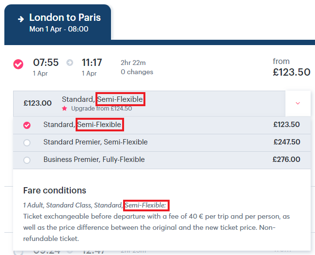 Screenshot of fare conditions in the search results