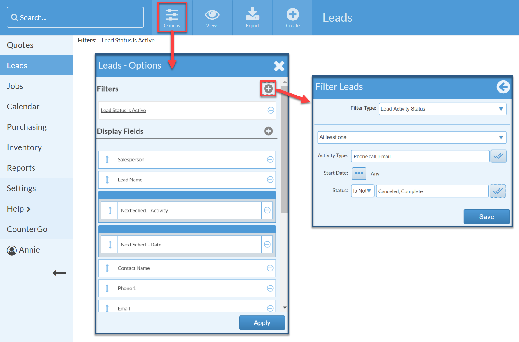 settings for lead view showing follow ups