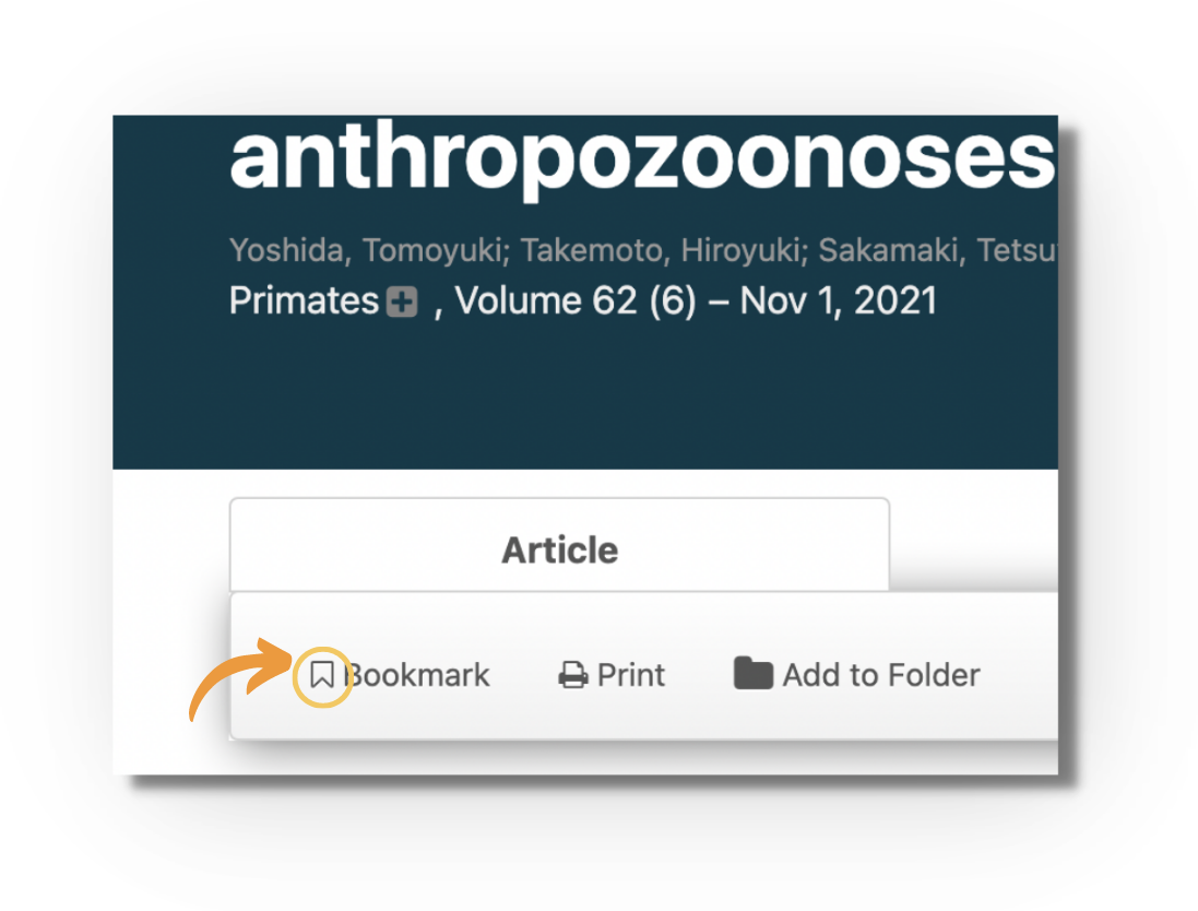 Screenshot of a DeepDyve article page (journal Primates) with an orange arrow pointing to the circled 'Bookmark' icon in the toolbar under the Article tab, next to 'Print' and 'Add to Folder'.