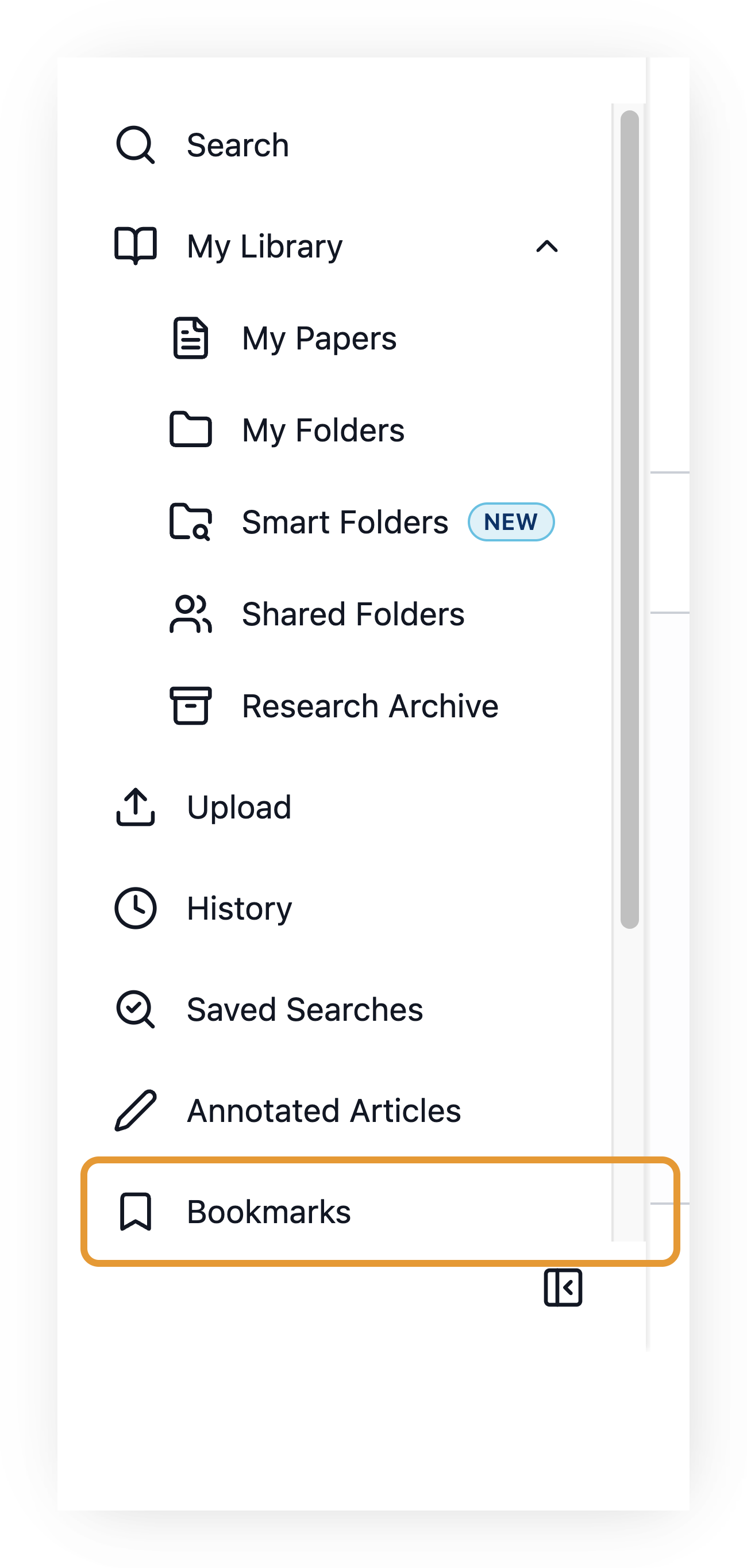 Screenshot of the DeepDyve left sidebar with 'Bookmarks' highlighted at the bottom, below Search, My Library (My Papers, My Folders, Smart Folders, Shared Folders, Research Archive), Upload, History, Saved Searches, and Annotated Articles.