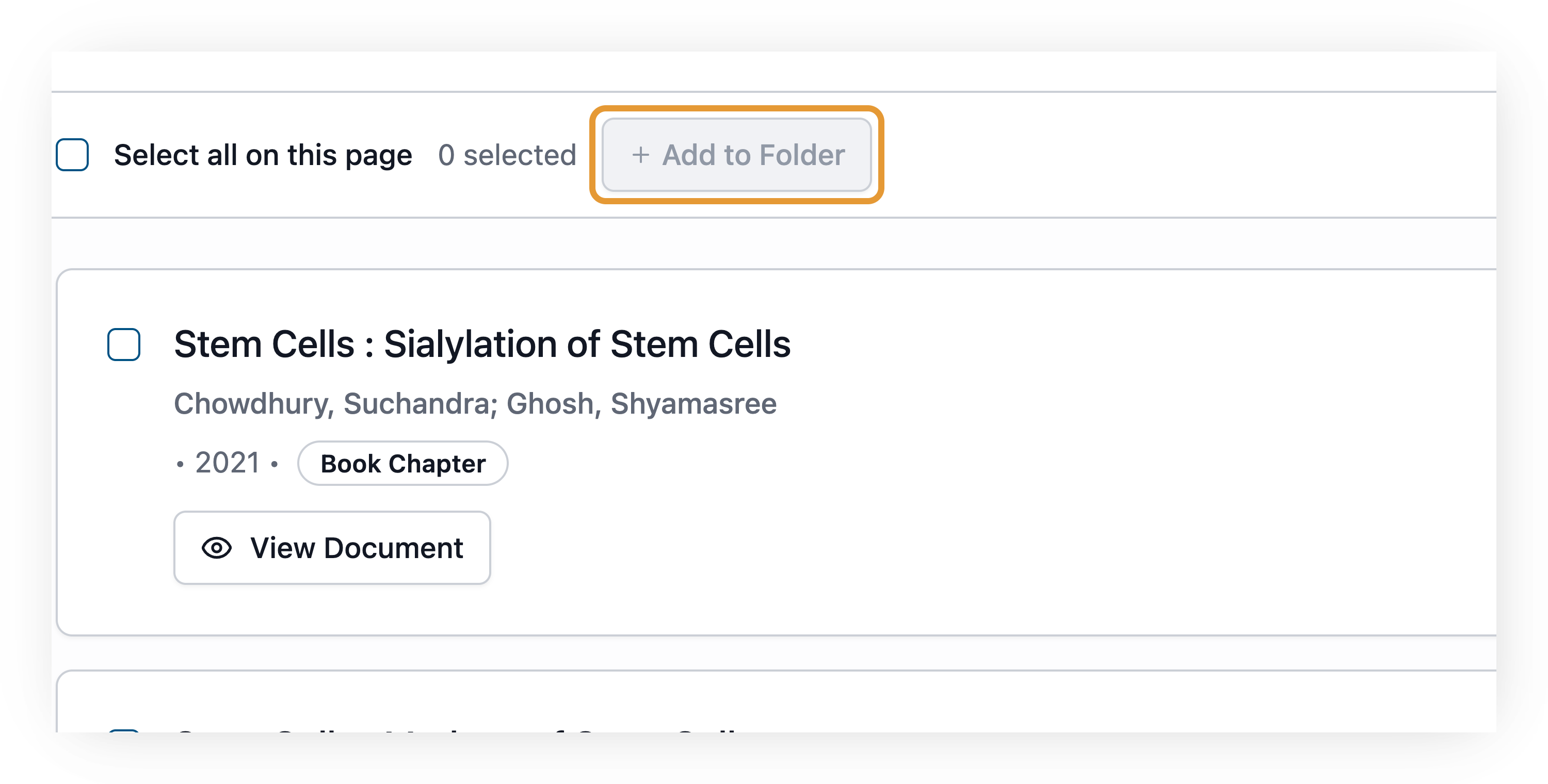 Screenshot of the top of the DeepDyve search results list: a 'Select all on this page' checkbox, a '0 selected' counter, and the highlighted '+ Add to Folder' button. Below, each result card (example 'Stem Cells : Sialylation of Stem Cells') has its own selection checkbox next to the title — tick one or more, then click '+ Add to Folder'.