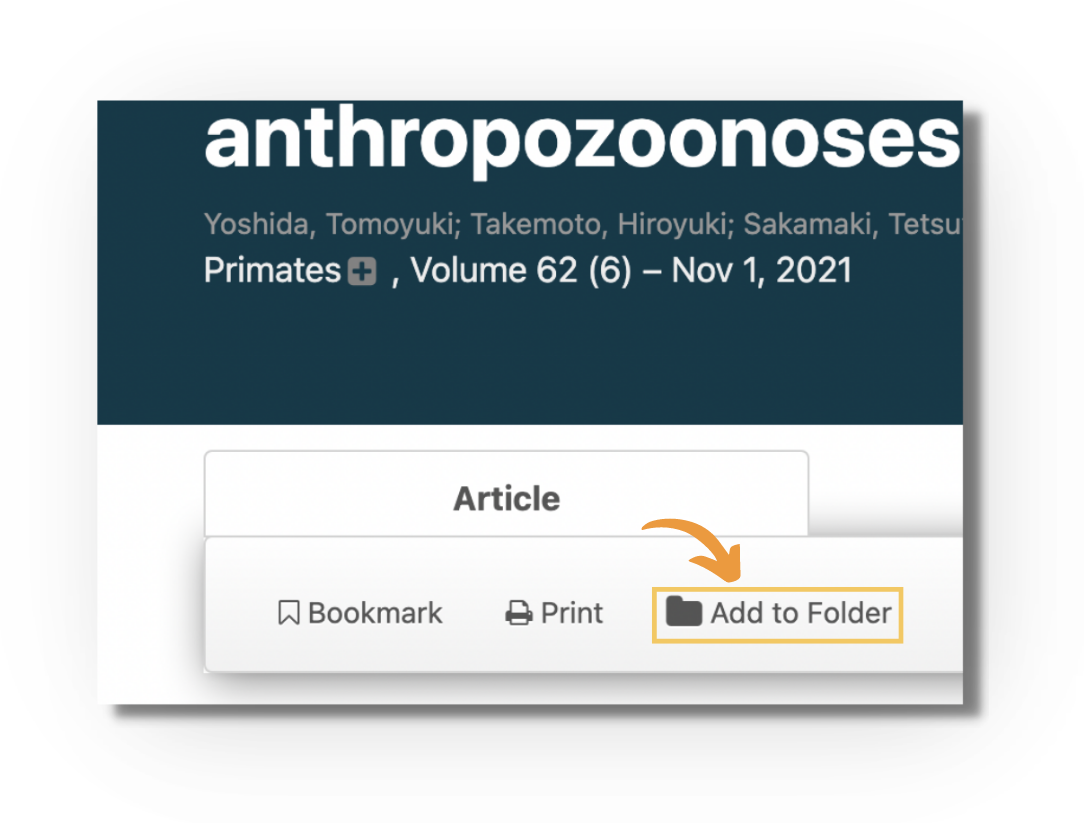 Screenshot of a DeepDyve article page with an orange arrow pointing to the highlighted 'Add to Folder' button in the toolbar under the Article tab, next to 'Bookmark' and 'Print'.