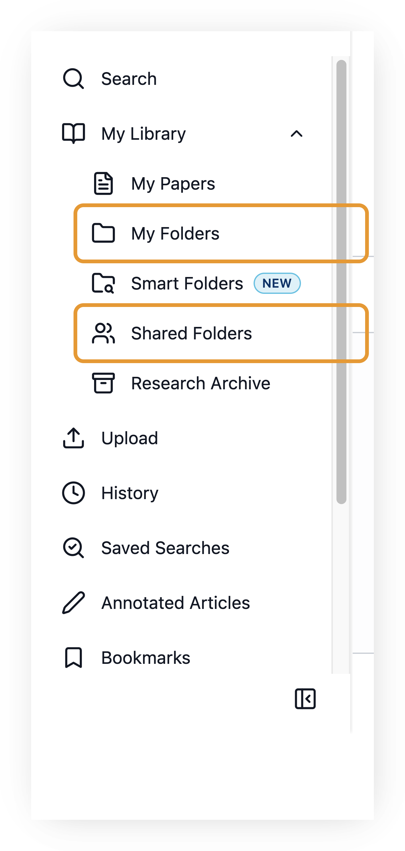 Screenshot of the DeepDyve left sidebar with 'My Folders' and 'Shared Folders' highlighted under My Library, alongside My Papers, Smart Folders, and Research Archive, above Upload, History, Saved Searches, Annotated Articles, and Bookmarks.