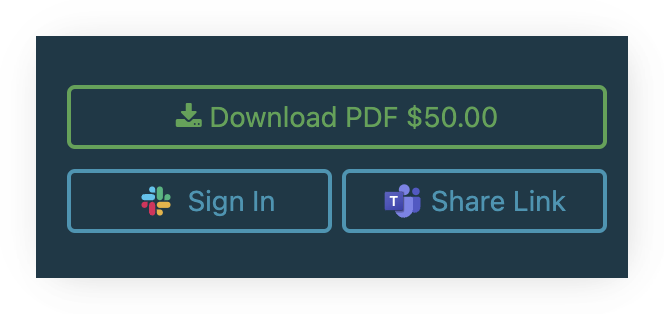 Screenshot of the action buttons on a Download Only collection article: a green 'Download PDF $50.00' purchase button above 'Sign In' (Slack) and 'Share Link' (Teams) buttons — Download Only articles must be purchased to be read.