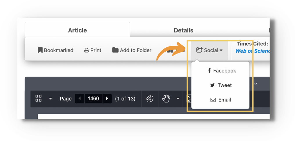 Screenshot of the toolbar above an article with an orange arrow pointing to the highlighted 'Social' dropdown (next to Bookmarked, Print, and Add to Folder), expanded to show sharing options: Facebook, Tweet, and Email.