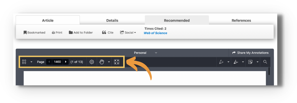 Screenshot of the enhanced reader with an orange arrow pointing to the highlighted view controls on the top left of the reader toolbar: a thumbnail icon, page number control ('Page 1460, 1 of 13'), a settings gear, a hand (pan/zoom) tool, and a full-screen icon.