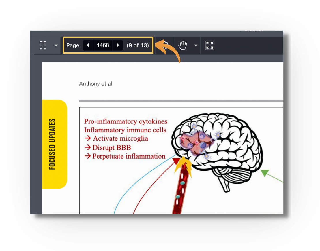 Screenshot of the enhanced reader with the page number control highlighted ('Page 1468, 9 of 13'): a text box where you can enter a page number, with left and right arrows to move through the article.