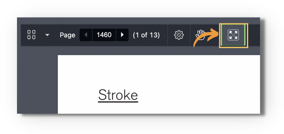 Screenshot of the enhanced reader with an orange arrow pointing to the highlighted full-screen icon at the right end of the view controls — one click enters full screen mode; pressing ESC returns to normal mode.