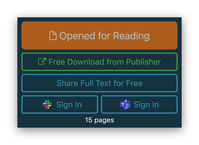 Screenshot of the action buttons on an Open Access article with a limited license: an orange 'Opened for Reading' button, a green 'Free Download from Publisher' button that links out to the publisher's site, 'Share Full Text for Free', and Slack and Microsoft Teams 'Sign In' buttons.