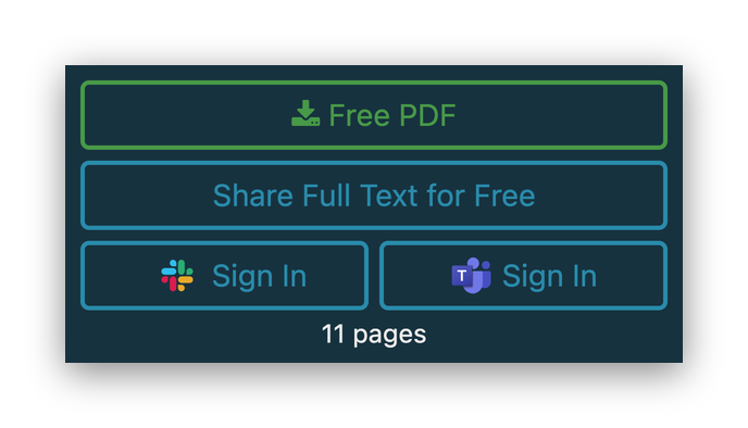 Screenshot of the action buttons on a LitStream collection article page for an Enterprise user: a green 'Free PDF' download button, 'Share Full Text for Free', Slack and Microsoft Teams 'Sign In' buttons for sharing, and the article's page count (11 pages).