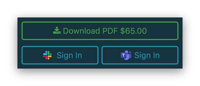 Screenshot of the action buttons on a Download Only collection article: a green 'Download PDF $65.00' purchase button above Slack and Microsoft Teams 'Sign In' buttons. Download Only articles must be purchased to be read.