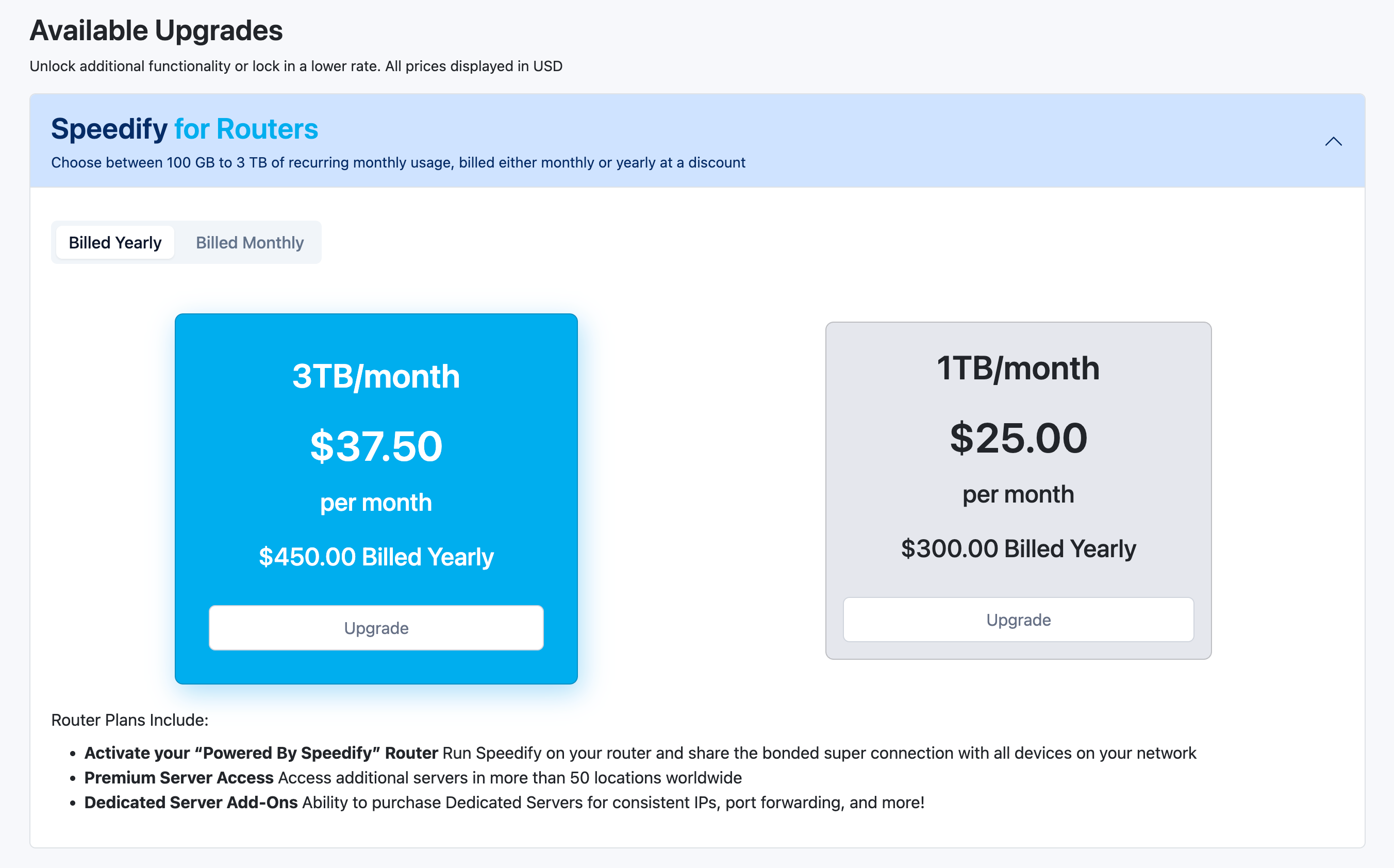 Speedify for Routers upgrade options with Routers Yearly 3TB