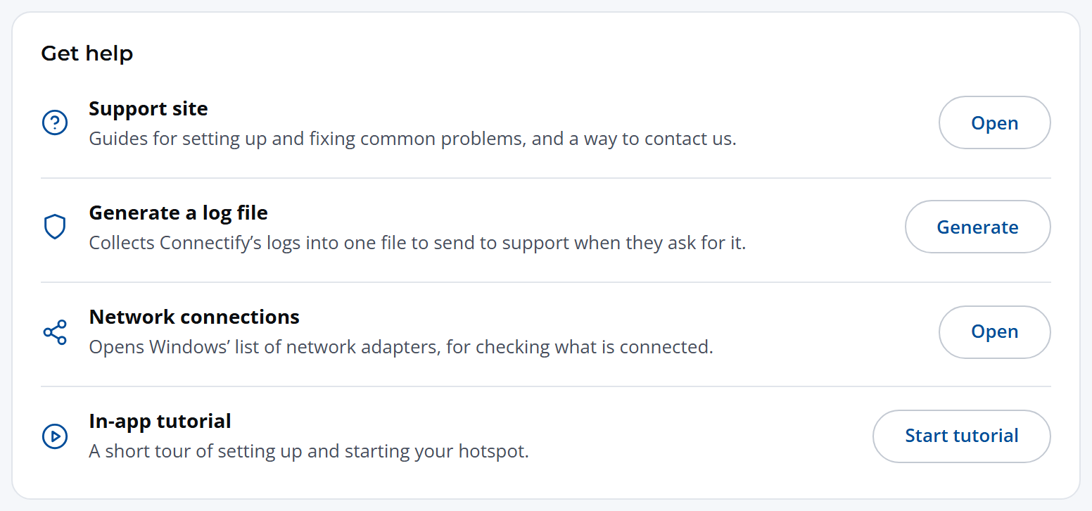 Help and account: Get help, with Network connections and its Open button