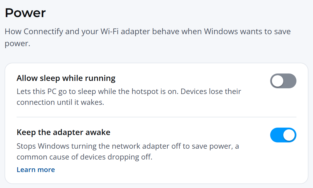 Settings, Power: Allow sleep while running off and Keep the adapter awake on