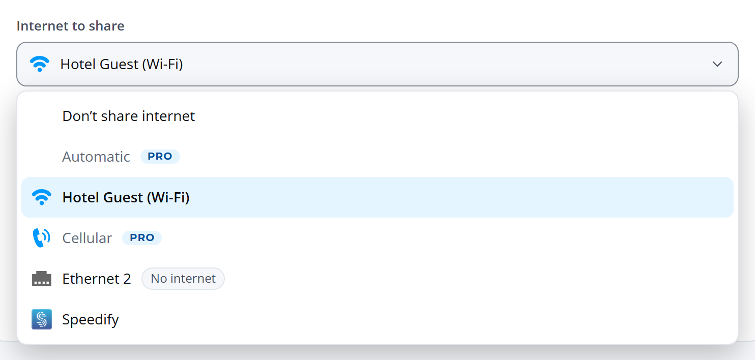 The Internet to share list on Hotspot Lite: Don't share internet, Automatic with a PRO badge, Hotel Guest (Wi-Fi), Cellular with a PRO badge, Ethernet 2 with a No internet tag, and Speedify