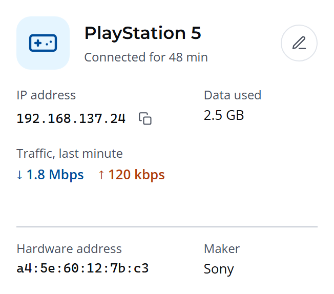 Device details on the Clients screen, with the IP address and its copy button