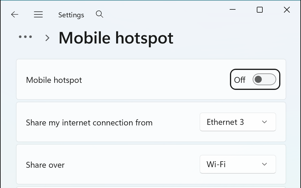 Windows 11 Settings, Mobile hotspot switched off