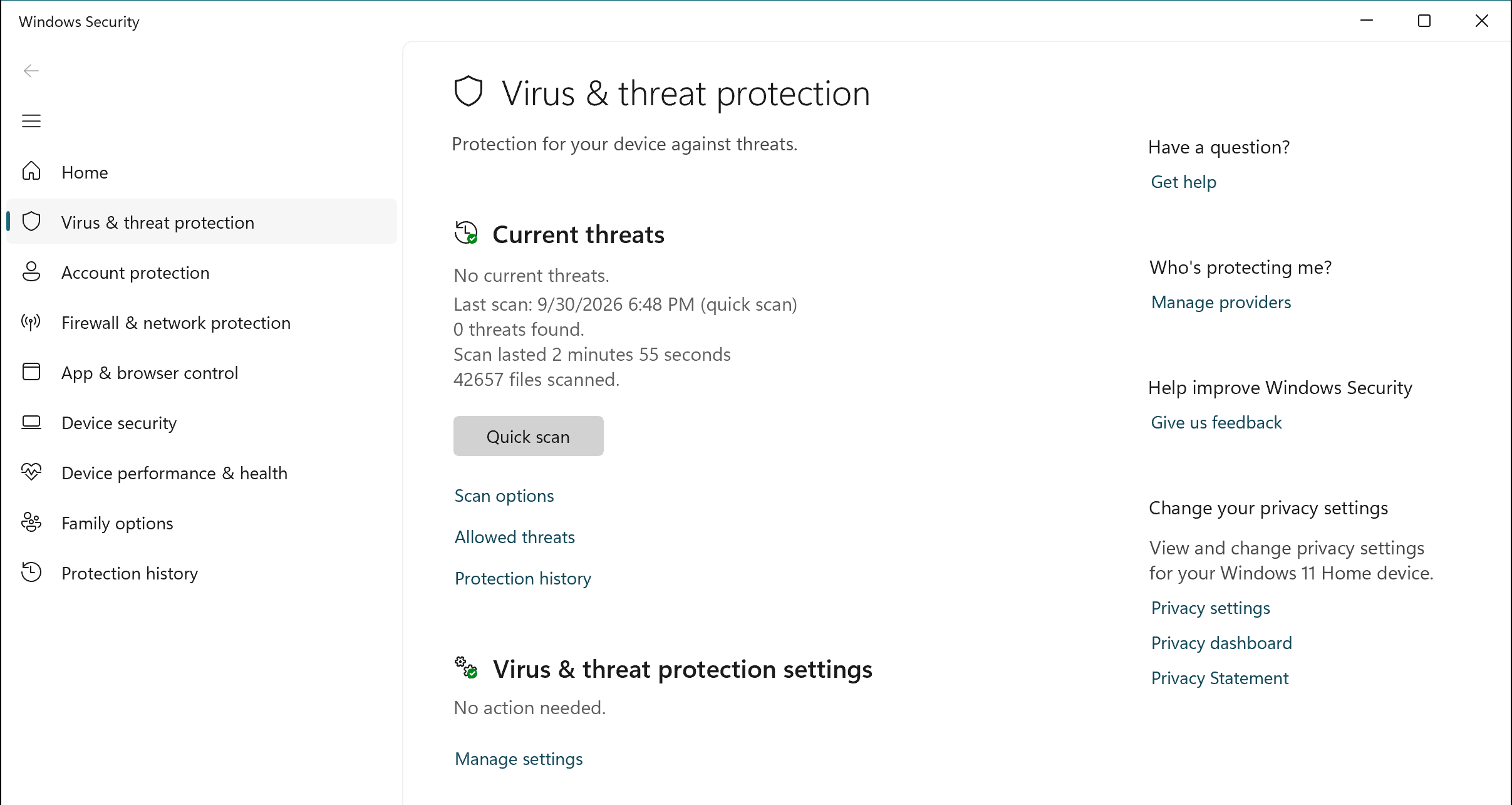 Windows Security: Virus & threat protection, with Manage settings