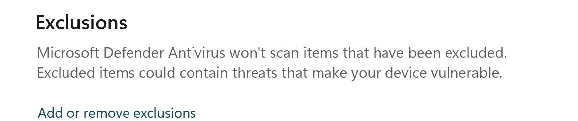 Virus & threat protection settings: Exclusions, with Add or remove exclusions