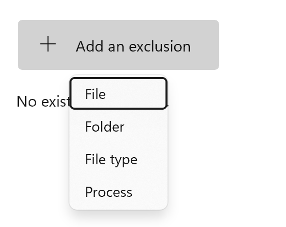 Exclusions: the Add an exclusion menu with File, Folder, File type and Process