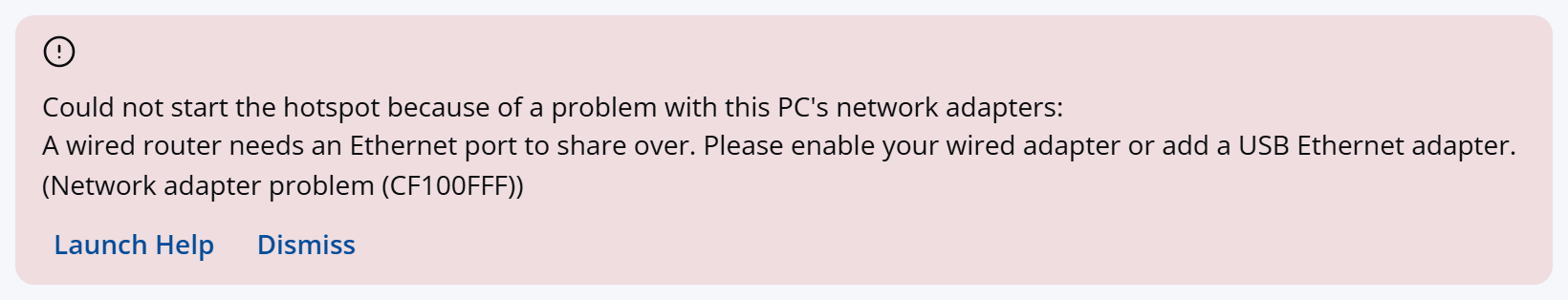 A Network adapter problem error at the top of the window, with Launch Help and Dismiss