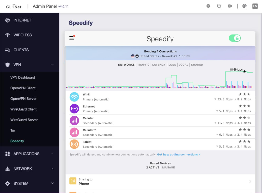 Speedify tab in the GL.iNet admin panel under VPN section