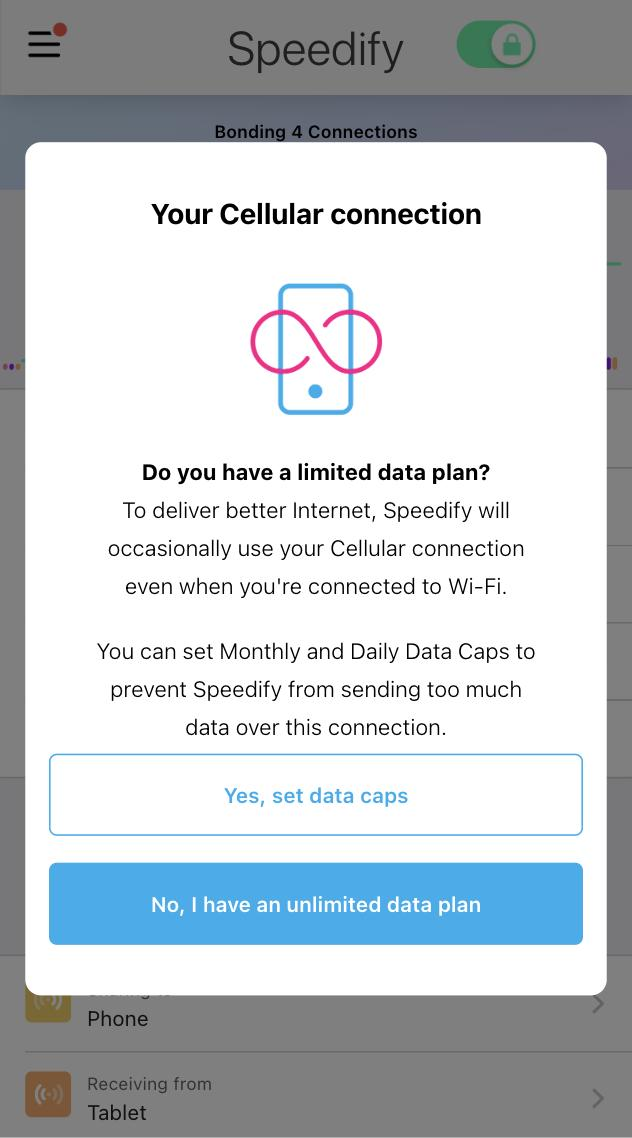 Speedify data limit prompt shown on first launch