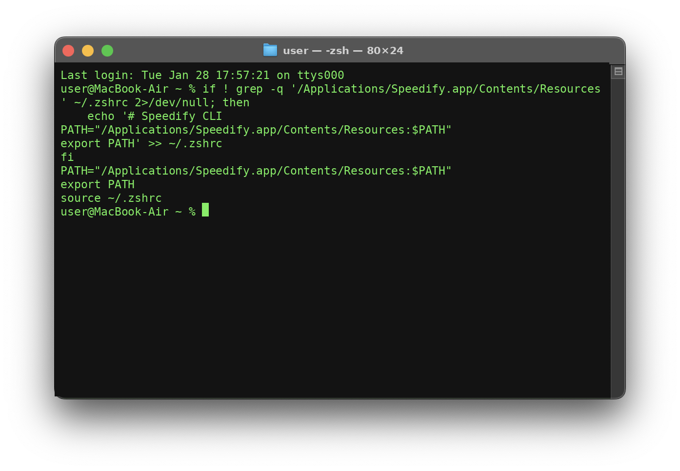 Pasting the speedify_cli path into the macOS Terminal