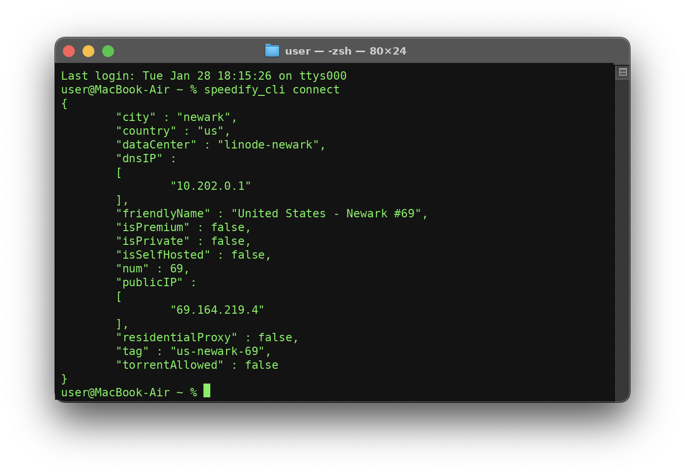 Running speedify_cli connect in the macOS Terminal