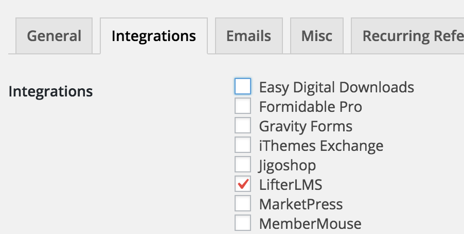 The AffiliateWP integrations tab in "Settings"