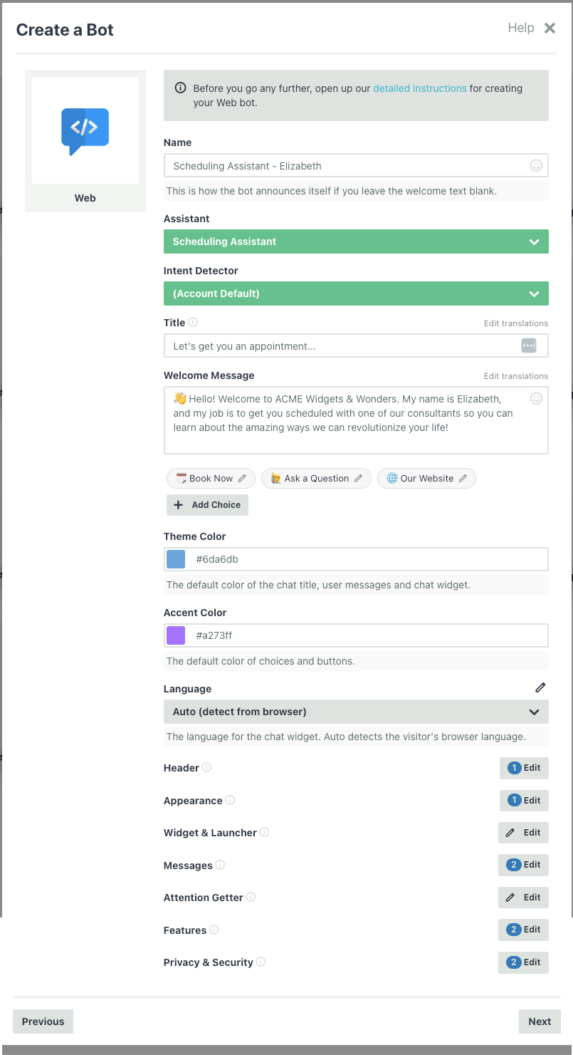 Bot editor showing essential settings