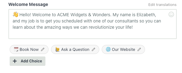 Welcome choices configuration