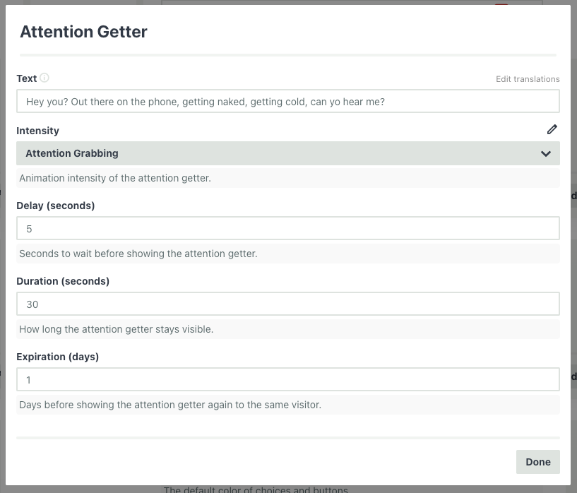 Attention Getter settings