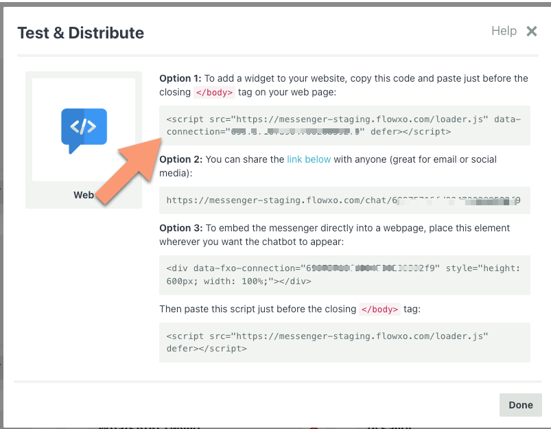 Authorize tab showing Option 1 widget code