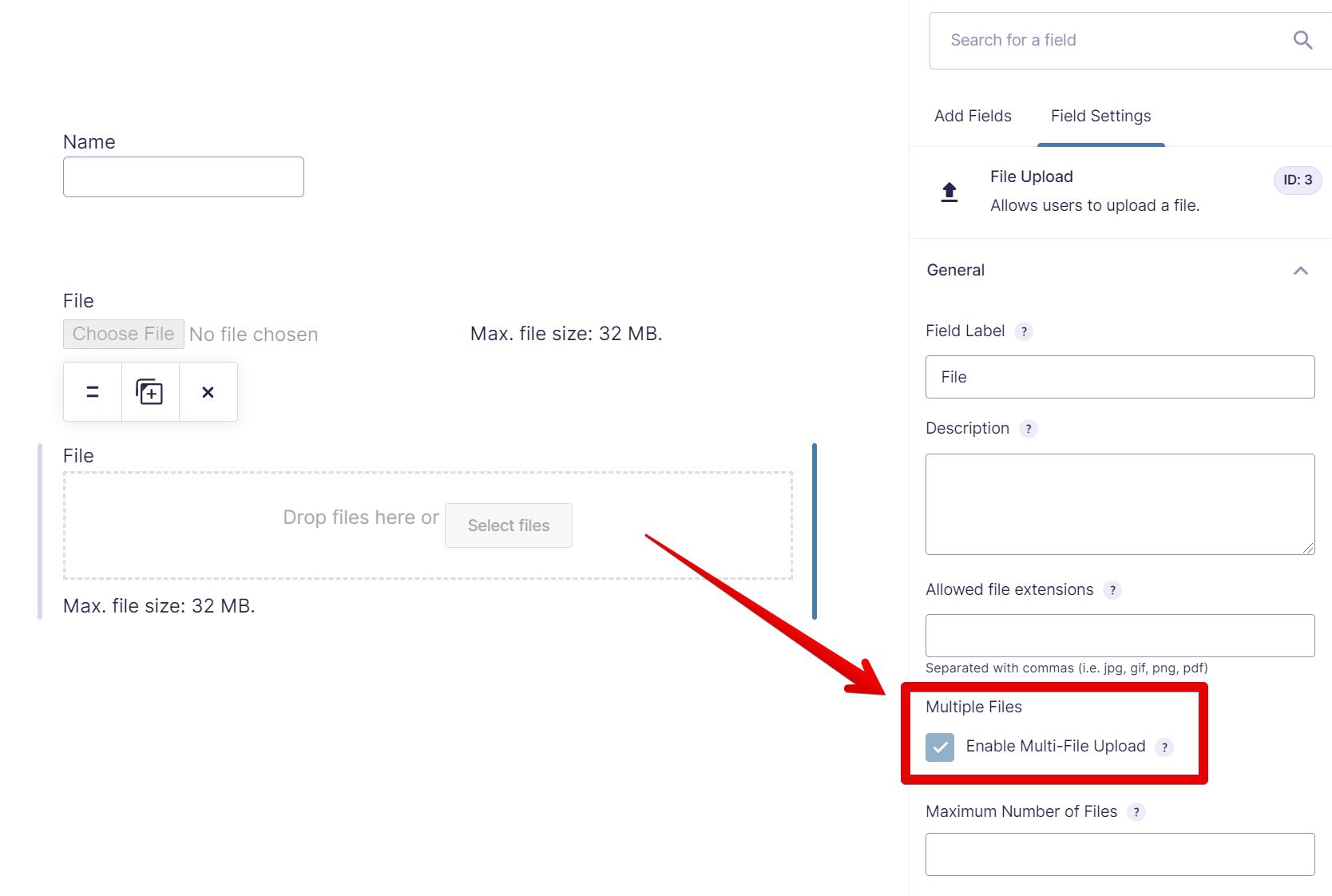 Screenshot of the form editor showing the field configuration panel for the File Upload field