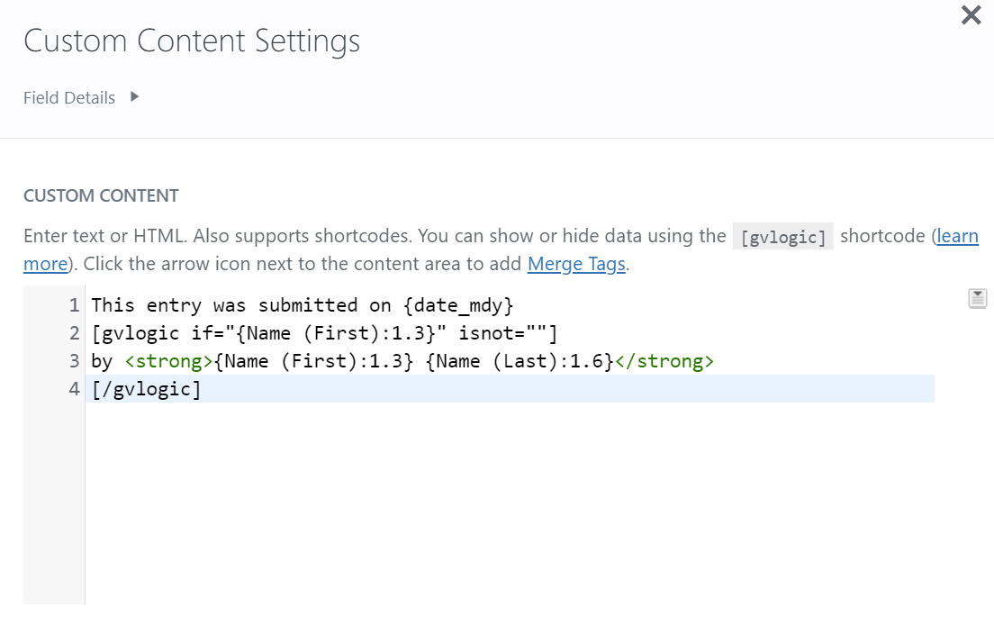 Screenshot of the Custom Content field settings screen