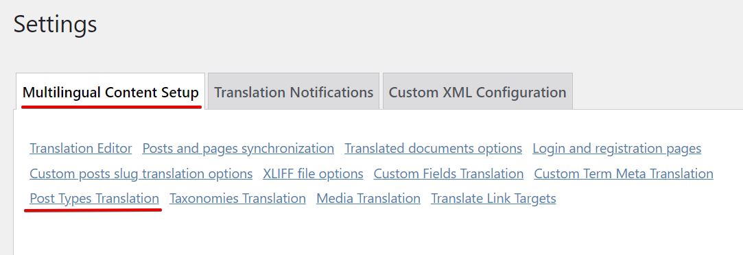 Screenshot showing the Multilingual Content Setup tab