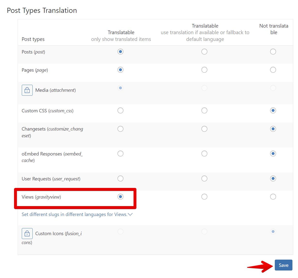 Screenshot showing the Post Types Translation section