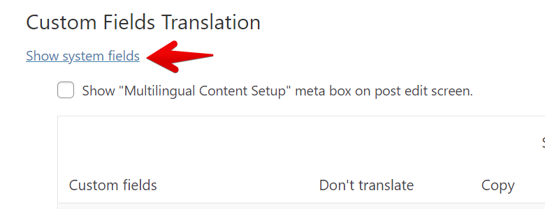 Screenshot of the Custom Fields Translation section