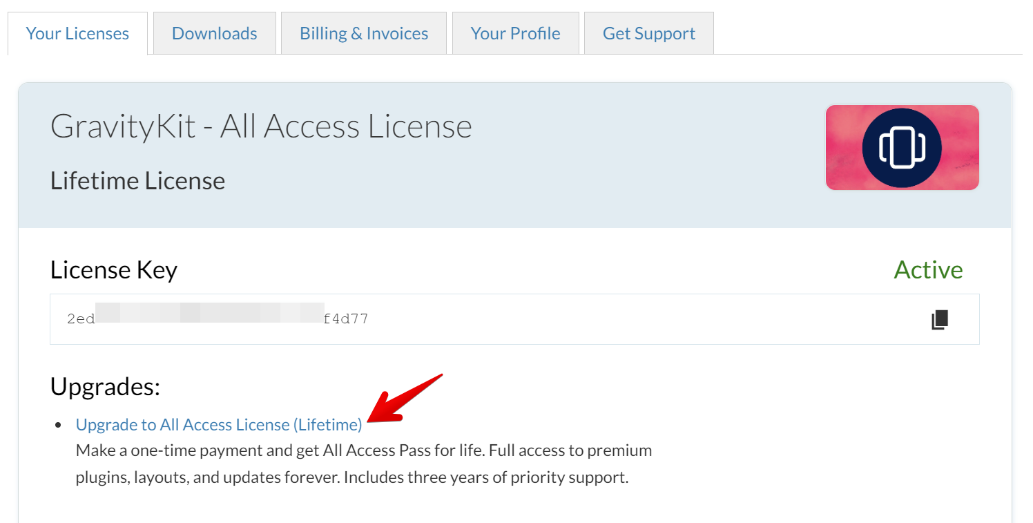 Screenshot of the links to upgrade a license