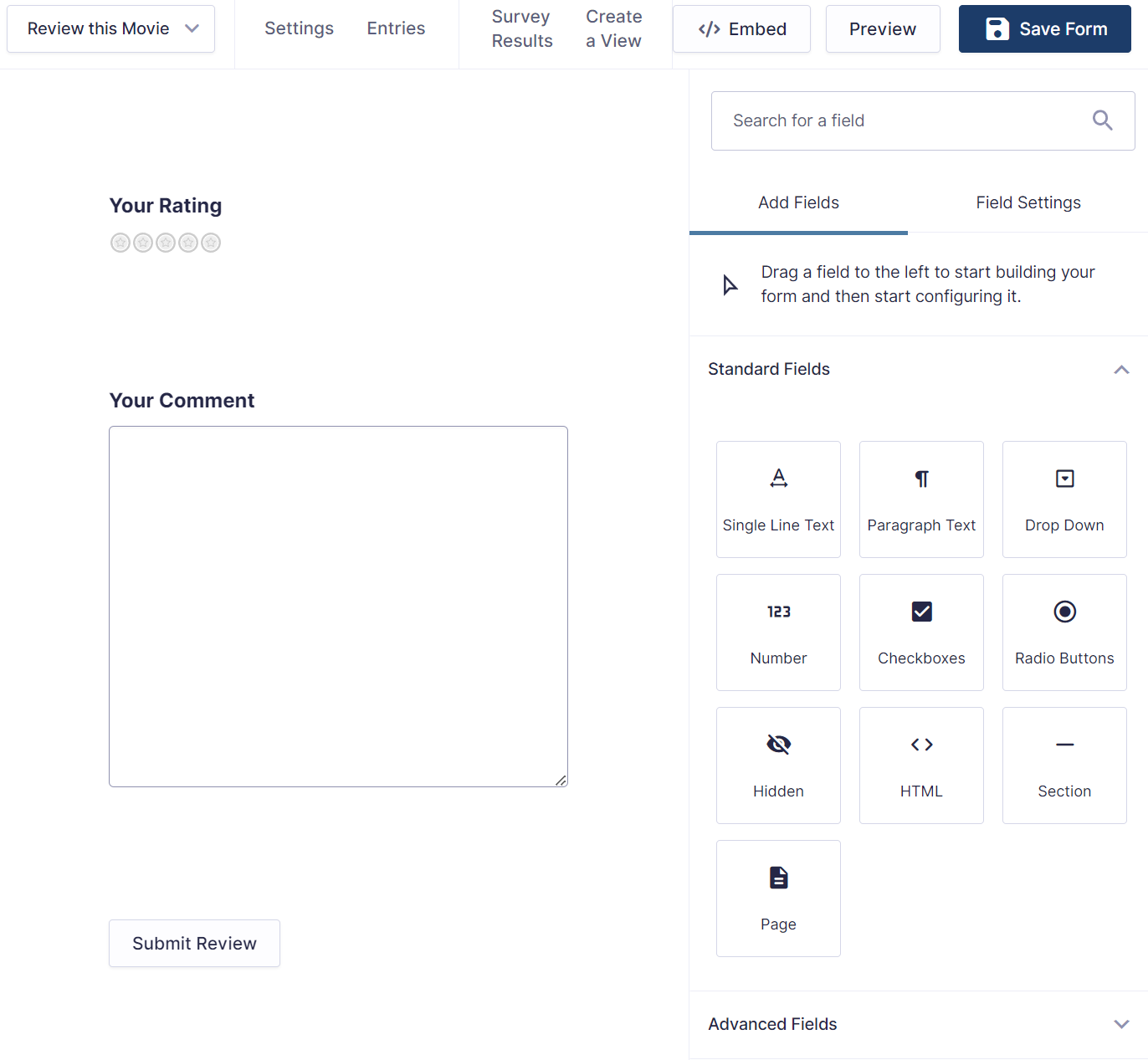 Screenshot of the form containing two fields: Your Rating and Your Comment